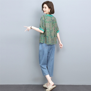 女士棉麻套装2025夏季新款中妈妈时尚休闲夏装显瘦亚麻t恤两件套图片