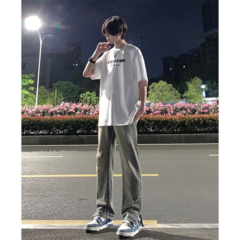 欧美hiphop街头破洞牛仔裤直筒微喇叭修身vibe美式乞丐裤潮牌,男装牛仔裤,星座310A-4