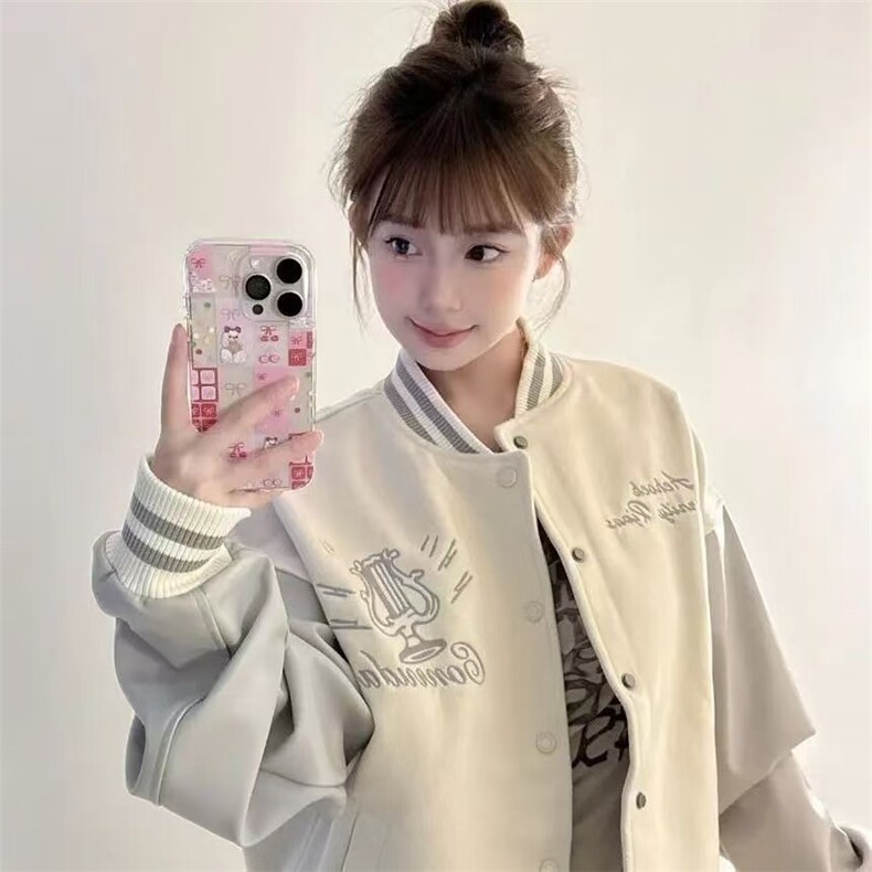 秋冬新款美式复古字母棒球服外套hiphop宽松百搭拼接皮袖情侣夹克图片