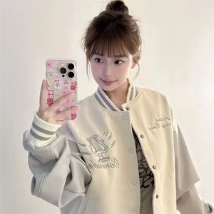 秋冬新款美式复古字母棒球服外套hiphop宽松百搭拼接皮袖情侣夹克图片