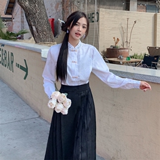 优雅新中式立领提花衬衫修身显瘦长袖上衣搭配高腰马面裙，女装衬衫，秀美人生