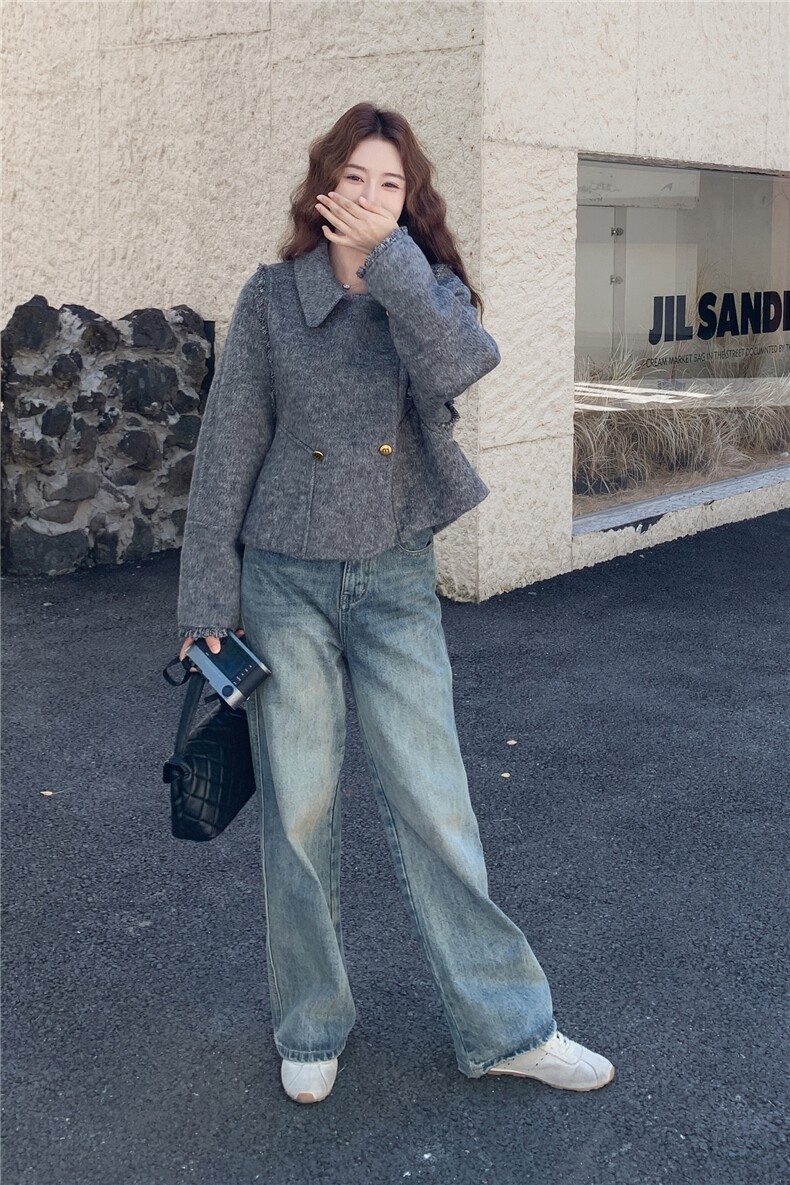 现货主推新款双面羊毛呢流苏双排扣女士精品羊毛外套,女装毛呢外套,SL