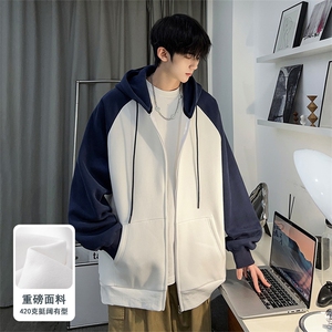 主推M-6XL大码420克重磅华棉秋季连帽拼色开衫卫衣109-W23618-P60图片