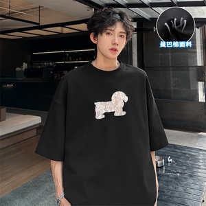 特批P26无差价夏季刺绣腊肠狗曼巴棉时尚百搭短袖宽松T恤男T5095图片
