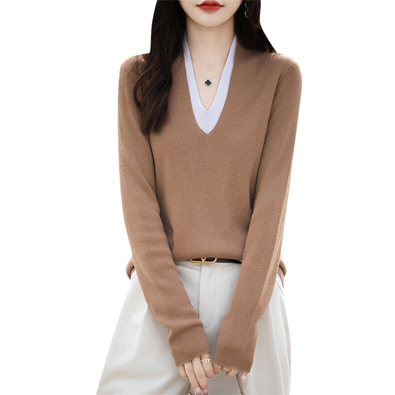 假两件百搭衫女宽松气质时尚精纺抽条深V领羊毛小众上衣拼色,女装羊毛衫,片语羊绒