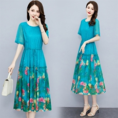 2023夏季女装新款时尚舒适洋气可调节抽绳收腰印花大码妈妈连衣裙，女装大码女装，魅衣本色