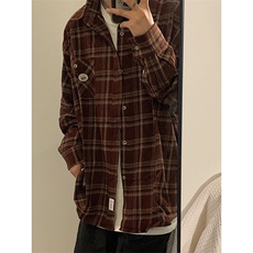 潮牌情侣美式复古徽章LOGO格子衬衫男长袖衬衣外套CS51，男装衬衫，星座1116A（原606A-3）