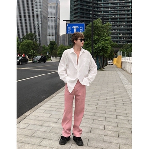 潮牌时尚冰莓粉宽松直筒水洗牛仔裤X1002-1-NZ2413-现货图片