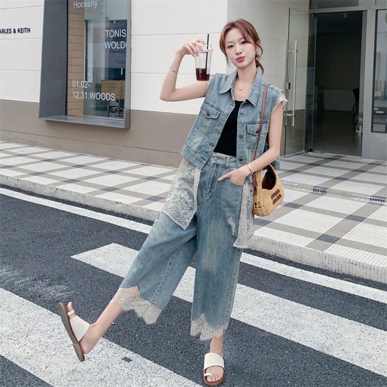 韩版蕾丝拼接牛仔马甲阔腿裤套装女2025夏季新款度假风显瘦两件套,女装套装/套裙,2C316