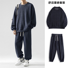 茶色条绒圆领卫衣搭配束脚休闲裤美式休闲穿搭-TZ830特批92，男装休闲套装，星座718