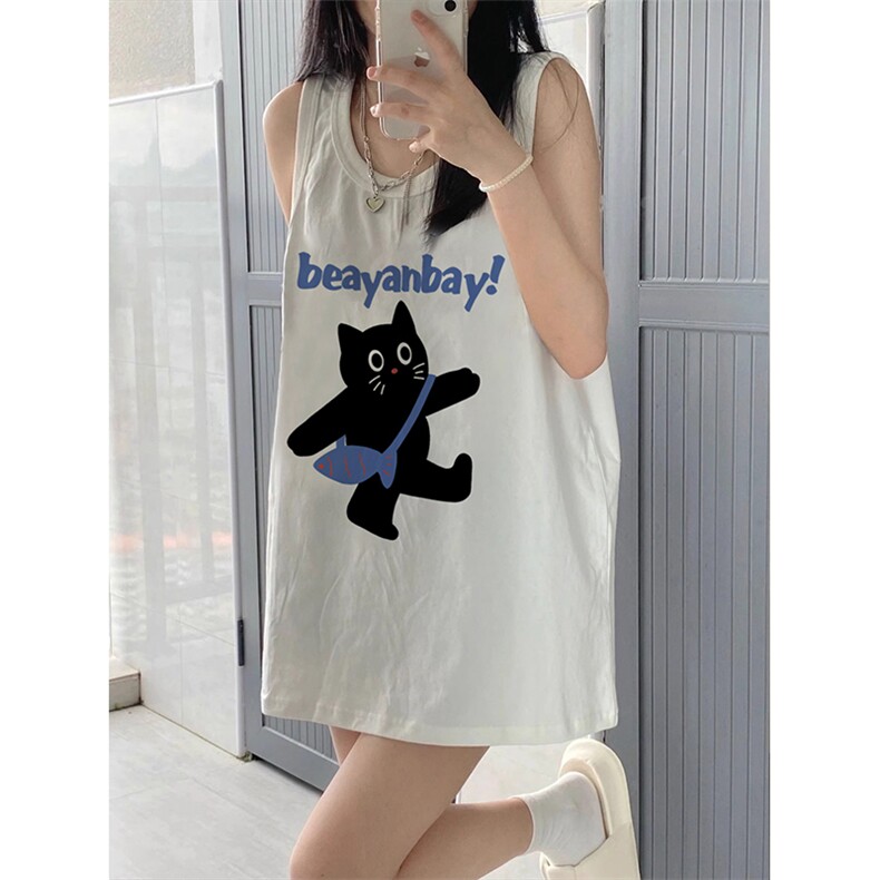 卡通印花210克后包条春夏季宽松纯棉印花无袖背心女，女装背心吊带，梦白服饰厂