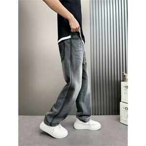 秋冬季美式休闲痞帅重磅复古黑色牛仔裤男直筒宽松百搭阔腿裤子图片