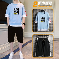 2021夏季新款休闲青少年大码纯棉潮短袖T恤男士学生套装TZ8536P50，男装套装，星座217-4