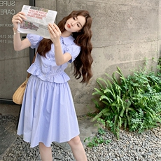 通勤风蓝色条纹衬衫连衣裙女夏2025超火好看设计感休闲减龄中长裙，女装套装/套裙，2C108
