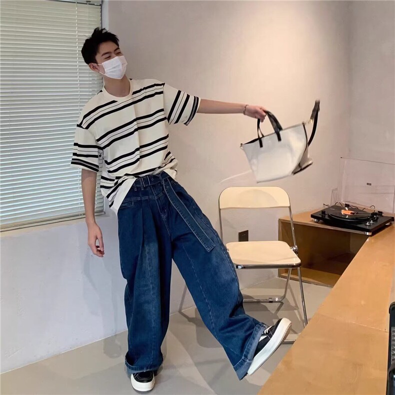 条纹圆领纯棉短袖上衣男款韩版小众设计休闲宽松潮流百搭半袖t恤,男装T恤,星座506A