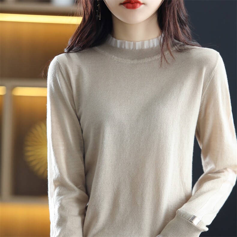 半高领拼接打底衫女2024新款内搭显瘦百搭纯色针织衫,女装羊毛衫,总能电商供货