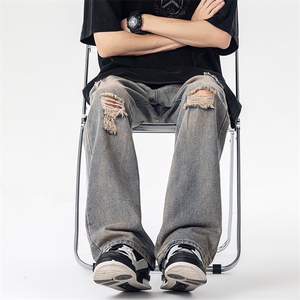 美式破洞牛仔裤男潮牌复古微喇长裤高街小众休闲裤子图片