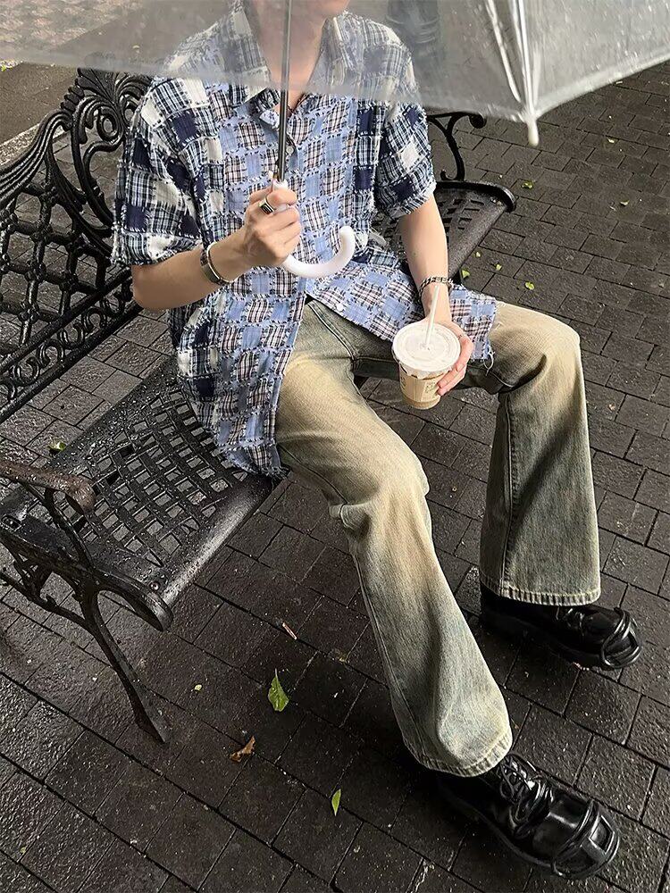 美式复古格子衬衫男长袖春秋季宽松寸衣潮牌情侣款衬衣,男装衬衫,四季星座505
