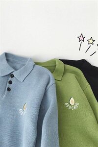 软奶蓝毛衣宽松女慵懒风polo翻领2021新款秋复古牛油果绿色针织衫图片