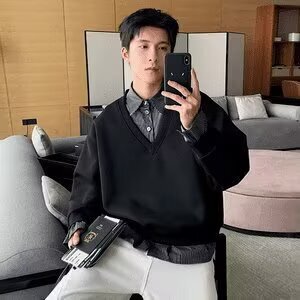 W11067-P48 网图现货 春季新款假两件拼接长袖卫衣Polo领上衣图片
