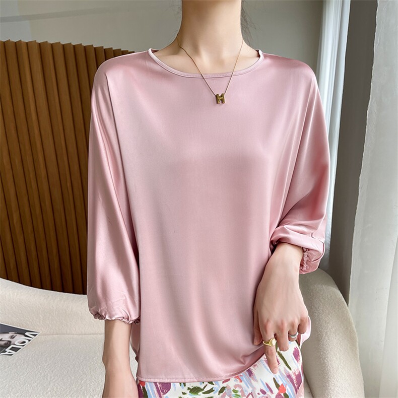 优雅气质真丝上衣女宽松显瘦七分袖圆领套头简约时尚百搭衬衫，女装衬衫，朝贺羊绒