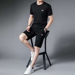 中年男士夏季休闲短袖套装2023年新款冰丝透气t恤短裤两件套男装,男装休闲套装,电商B212（原钱塘6029）