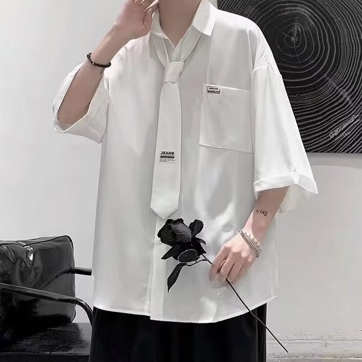 潮牌简约纯色高街配领带短袖衬衫夏季薄款宽松休闲衬衣CAA01-P30,男装T恤,星座208-5
