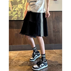 破洞牛仔短裤男夏季美式复古三条杠裤子设计感小众潮牌宽松大裤衩，男装牛仔裤，星座601-2