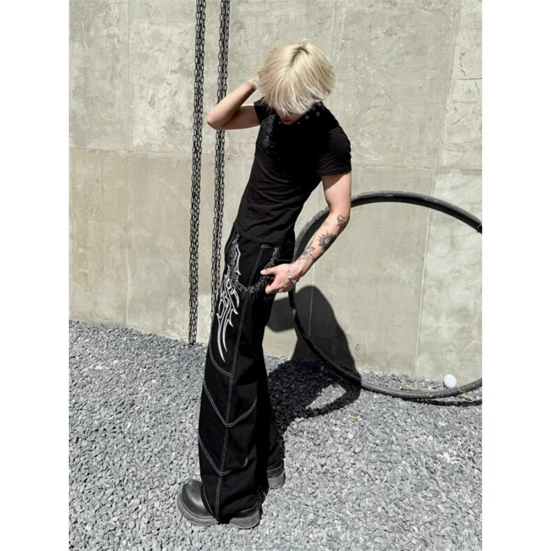 小众明线刺绣设计感直筒牛仔裤男女美式街头阔腿休闲长裤,男装牛仔裤,四季星座505