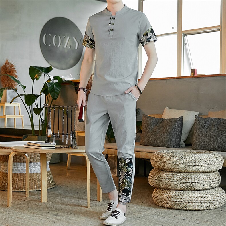 中国风套装男2021夏季新款古风汉服宽松唐装两件套A438-999-P60,男装休闲套装,电商A438