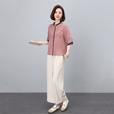 2025夏季新款时尚套装女立领真丝提花上衣阔腿裤两件套久恒雅鑫，女装套装/套裙，凝聚力
