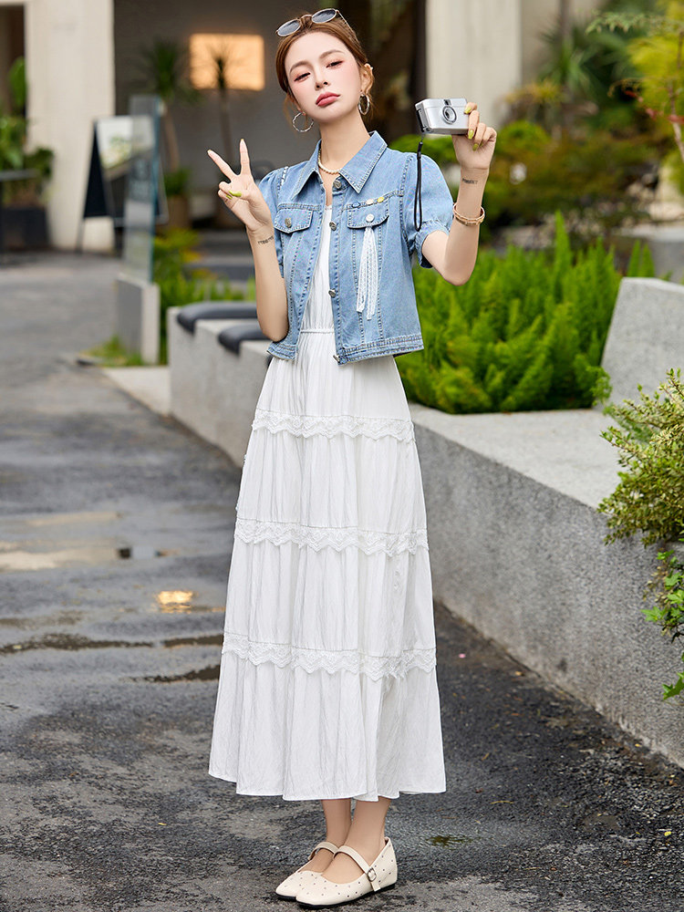 短袖牛仔两件套连衣裙女2025夏季新款外套搭配蕾丝吊带蛋糕裙套装,女装套装/套裙,依路服饰