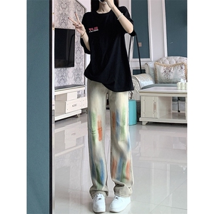 高街insi美式hiphop直筒涂鸦牛仔工装裤货号K671P60图片