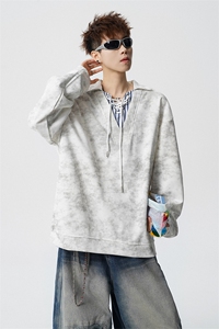 WY10151-特P48 控88 小众扎染撞色拼接条纹假两件大码男宽松卫衣图片