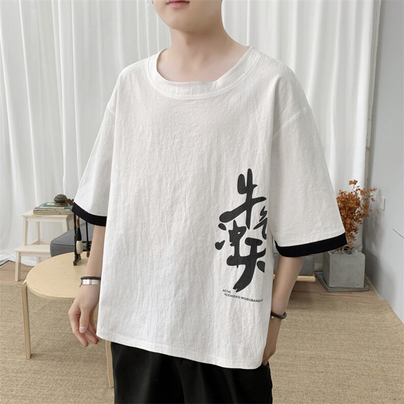 T8887P45新咖啡厅宽松休闲汉字印花百搭青年潮流棉麻风T恤,男装T恤,电商A026