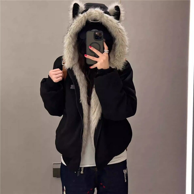 JK542-P95黑色麂皮绒毛领棉服厚座山雕外套,男装棉衣,电商B323A