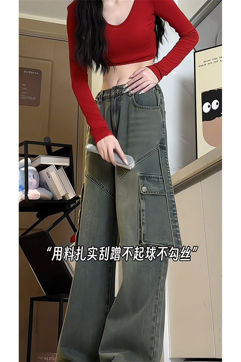 潮流百搭大口袋时尚工装裤日系复古宽松水洗牛仔裤K663TP55控88,男装牛仔裤,电商A102B