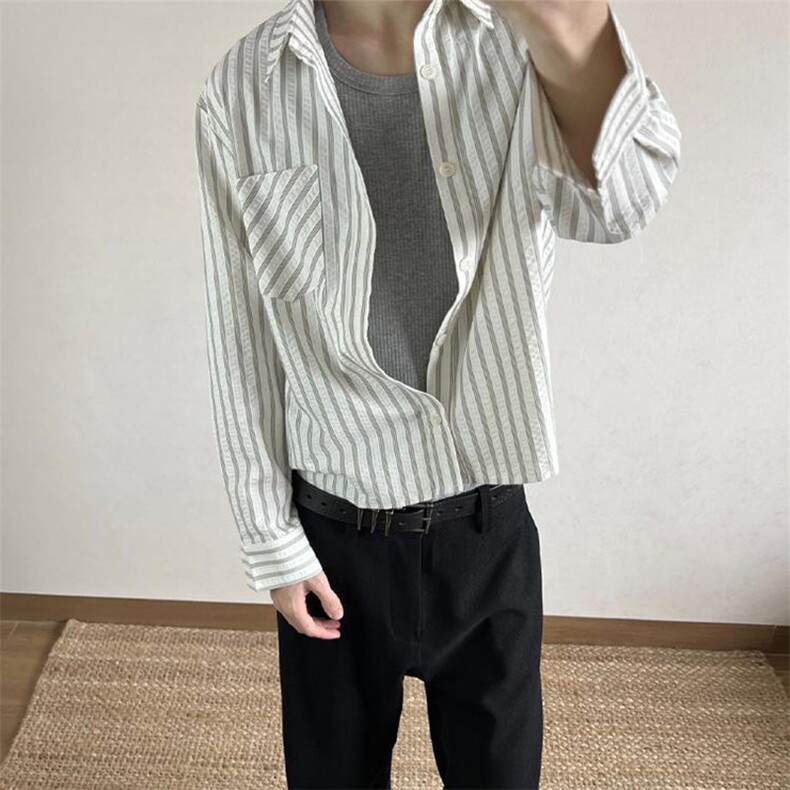 美式潮牌高街复古泡泡纱竖条纹日系肌理长袖衬衫男女休闲宽松衬衣,男装衬衫,电商A486