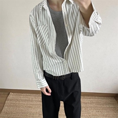 美式潮牌高街复古泡泡纱竖条纹日系肌理长袖衬衫男女休闲宽松衬衣，男装衬衫，电商A486