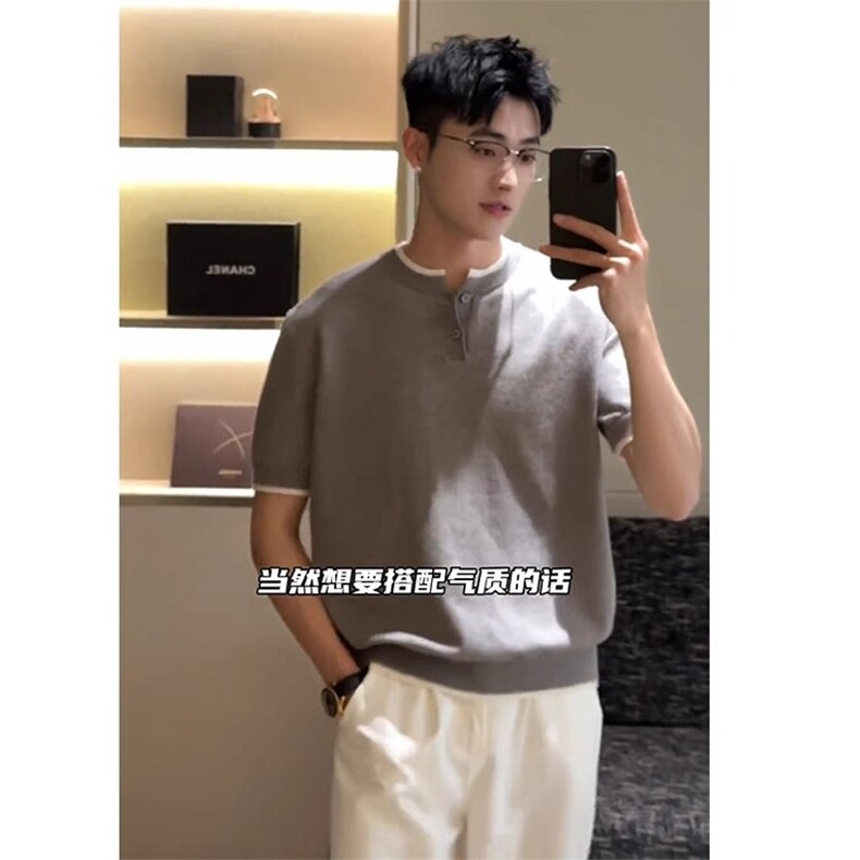 灰色亨利领针织短袖男款夏季假两件拼接正肩t恤老钱风痞帅五分袖图片