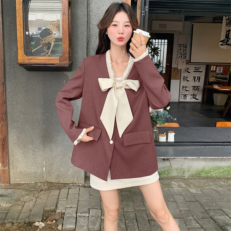 2C085-Q022P135新款撞色蝴蝶结V领西服外套现货K188,女装短外套,2C085