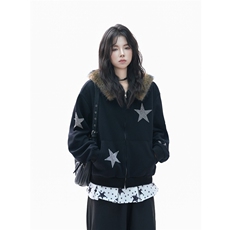 美式复古毛领连帽开衫卫衣女设计感烫钻星星宽松外套，女装短外套，星座1210-1