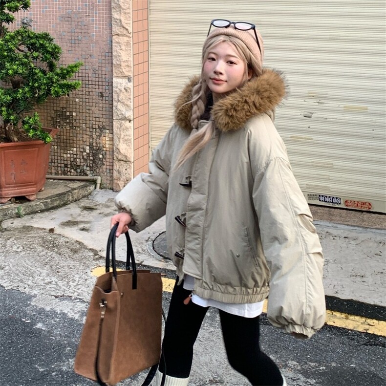 卡其色羽绒服女复古牛角扣派克服冬季2025年新款加厚韩系棉袄外套图片