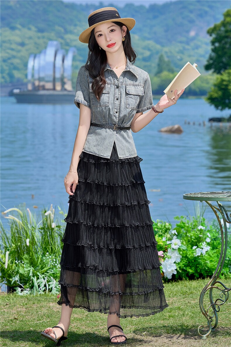 （新款现货）2026夏时尚薄牛仔短袖上衣+蛋糕纱裙两件套（配腰带,女装套装/套裙,印象茜
