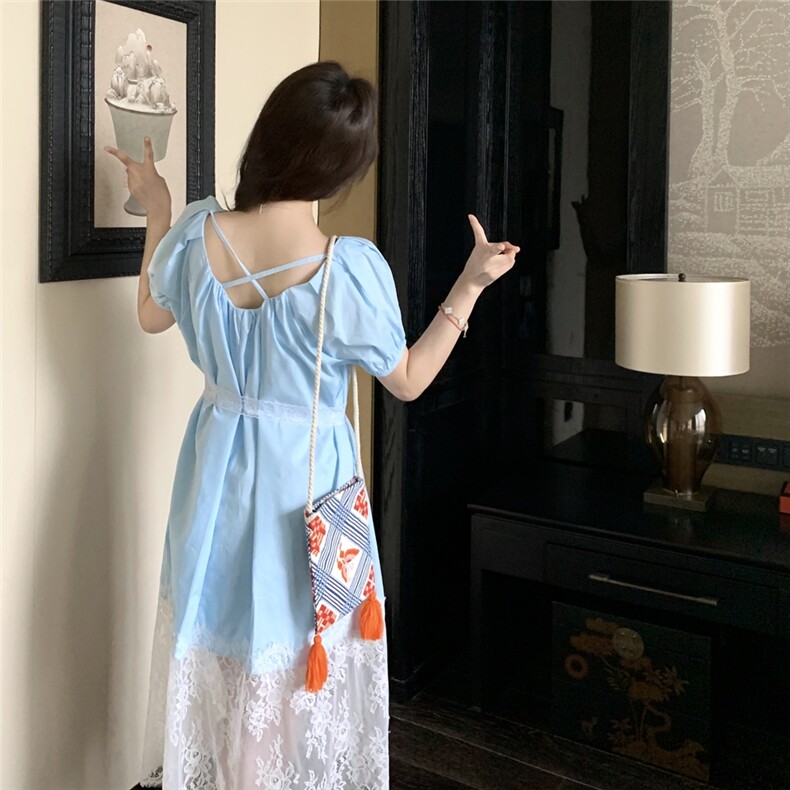 蓝色衬衫连衣裙女夏季2025新款高级感超好看宽松减龄网纱拼接裙子,女装连衣裙,2C353