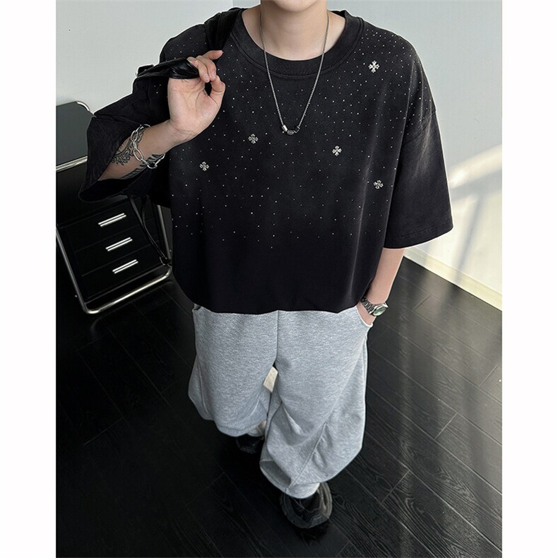 8XL-M满天星轻奢烫钻宽松版落肩纯棉短袖T恤新款夏百搭上衣DX337,男装T恤,电商D206-1