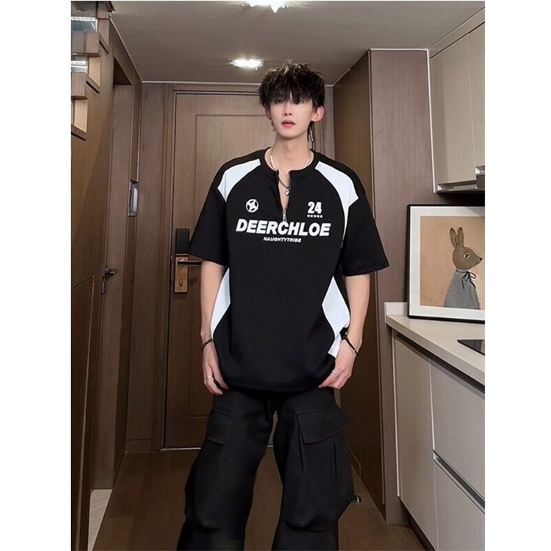 美式半拉链短袖t恤男款夏季机车风短袖polo衫重磅拼接半截袖上衣,男装T恤,星座506A