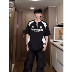 美式半拉链短袖t恤男款夏季机车风短袖polo衫重磅拼接半截袖上衣，男装T恤，星座506A