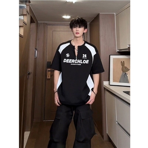 美式半拉链短袖t恤男款夏季机车风短袖polo衫重磅拼接半截袖上衣