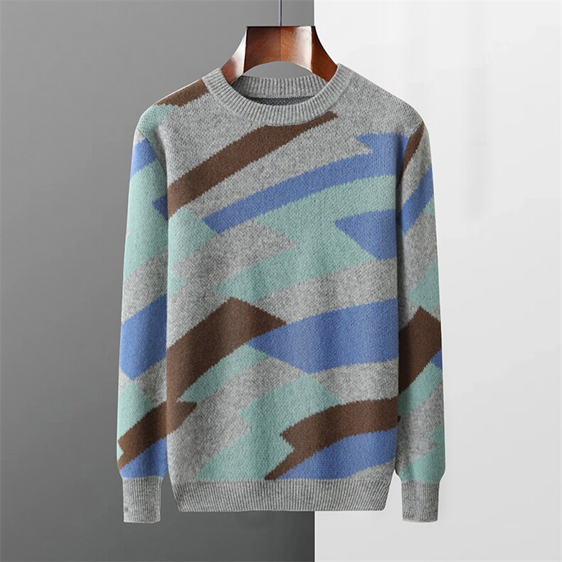 时尚男士秋冬新款七针四色提花羊毛套头衫舒适保暖潮流百搭，男装羊毛衫，江杉羊绒